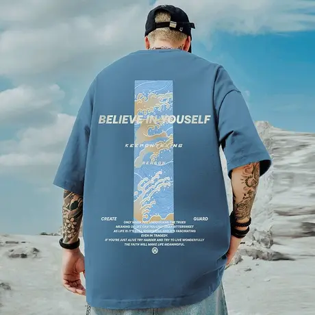 美式潮牌短袖纯棉宽松大码男装oversize欧美嘻哈夏季情侣半袖T恤商品大图