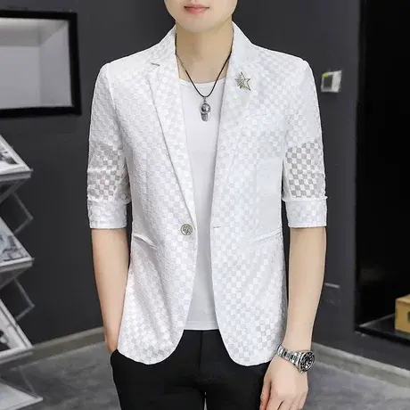 男士西装夏季薄款高级感中袖韩版修身七分短袖休闲白色小西服外套商品大图