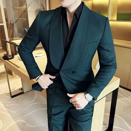 春秋墨绿色美式塔士多青果领双排扣西服男结婚敬酒宴会礼服套装潮图片