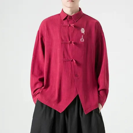 秋季男长袖衬衫个性中国风上衣宽松红色衬衣大码复古中式盘扣男装商品大图