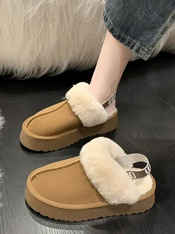 圆头雪地靴女皮毛一体短款2023新款冬季靴子加绒加厚缝制面包棉鞋商品大图