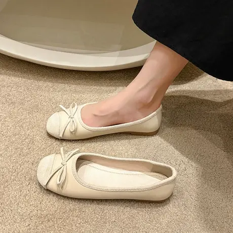 红色单鞋女2024年新款春季百搭舒适软底平底方头浅口豆豆婚鞋瓢鞋商品大图