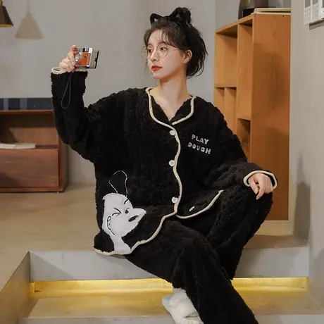 睡衣女珊瑚绒加绒加厚2023新款秋冬拉链冬款法兰绒冬季家居服套装商品大图