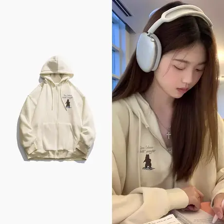 oversize卫衣女2023秋冬季上衣慵懒风小个子连帽加绒加厚开衫外套商品大图