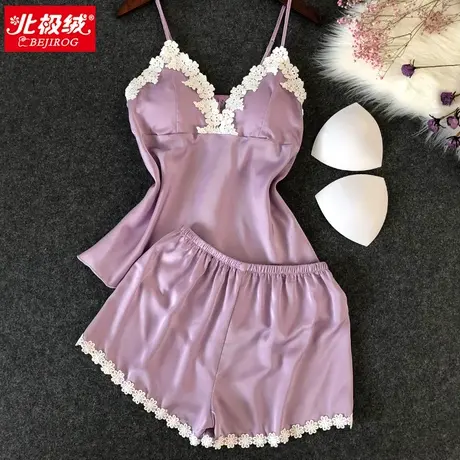 吊带睡衣女夏季性感两件套装冰丝薄款带胸垫家居服可出门仿真丝绸商品大图