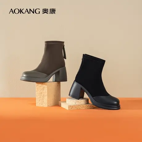 奥康女鞋 2023冬季新款及踝靴子弹力瘦瘦靴粗高跟百搭休闲女靴图片