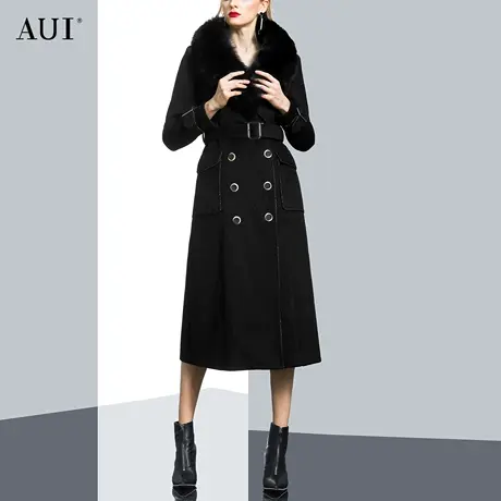 AUI黑色狐狸毛领中长款毛呢外套女2023冬季新款高端过膝呢子大衣商品大图