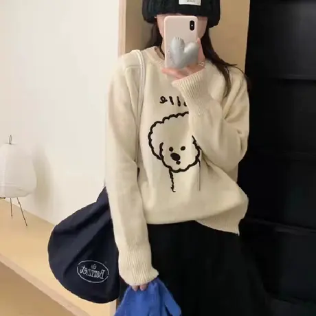 卡通小狗图案圆领毛衣女秋冬新款韩版宽松百搭套头针织衫上衣学生商品大图