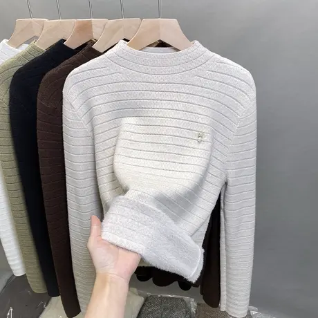 一体绒半高领毛衣女加绒厚打底衫2023秋冬新款条纹针织衫内搭上衣商品大图