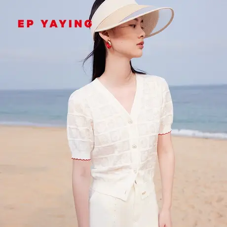 EP YAYING雅莹女装 芝麻点提花撞色短袖针织衫 2023新款9136A图片