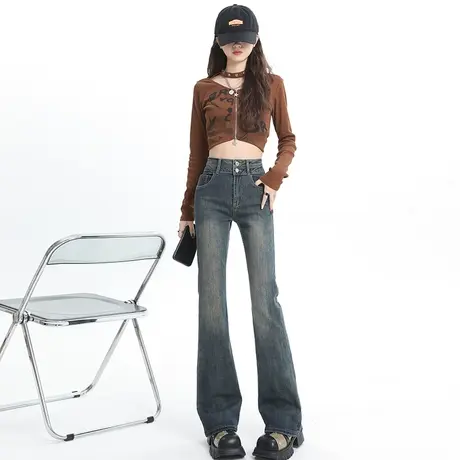 水泥灰高腰微喇牛仔裤女春秋2024年新款显瘦小个子弹力马蹄喇叭裤商品大图