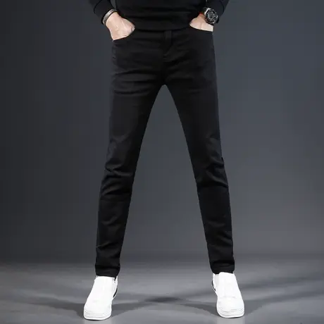 高端黑色牛仔裤男款修身小脚裤2023新款不沾毛弹力男士裤子秋冬款商品大图