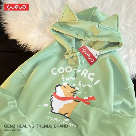 悦游 红围巾柯基 雪天冬季猫耳宽松连帽印花加绒卫衣男秋冬卡通图片