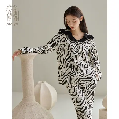 妮狄娅2024睡衣女春季纯棉长袖翻领开衫时尚斑马纹春秋家居服套装商品大图