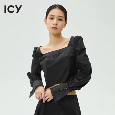 icy春秋新品复古提花拼接方领灯笼袖衬衫【IRINA IRENE设计】商品大图