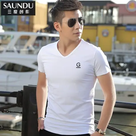 莫代尔短袖t恤男装V领夏装上衣服白色修身半袖简约夏天男生体恤衫商品大图
