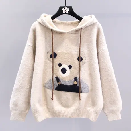 日系卡通小熊连帽毛衣女冬季2023新款宽松慵懒风外穿套头针织上衣商品大图