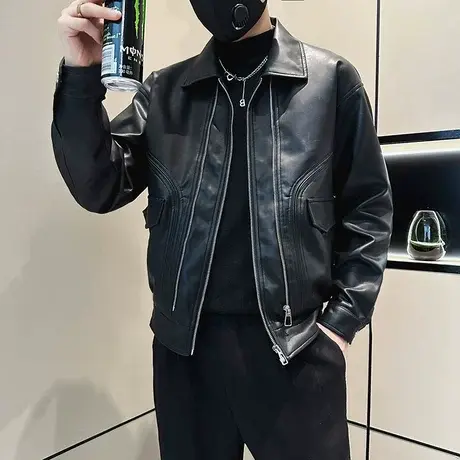 机车皮衣外套男潮牌痞帅男装上衣2023纯色春秋季潮流休闲PU皮夹克图片