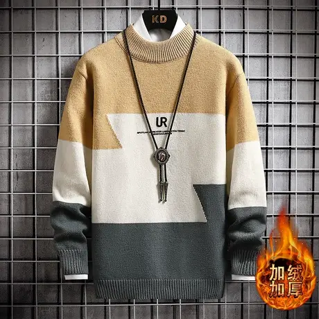 男士半高领毛衣秋冬季学生加绒加厚针织衫外套潮流软糯大童打底衫商品大图
