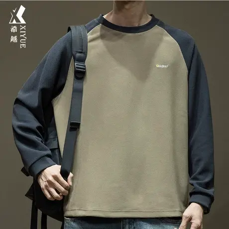 希越340g重磅米格卫衣男春秋新款T恤美式拼接宽松大码男士打底衫图片