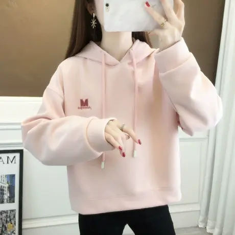 刺绣字母连帽卫衣女宽松2024新款时尚慵懒风休闲短款女士上衣外套商品大图
