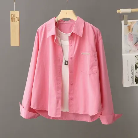 早春休闲玫红色衬衫外套女小个子短款春秋宽松叠穿设计感上衣衬衣商品大图