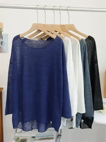 大圆领透视T恤防晒衣女夏季超薄针织罩衫宽松网纱舞蹈服上衣长袖商品大图