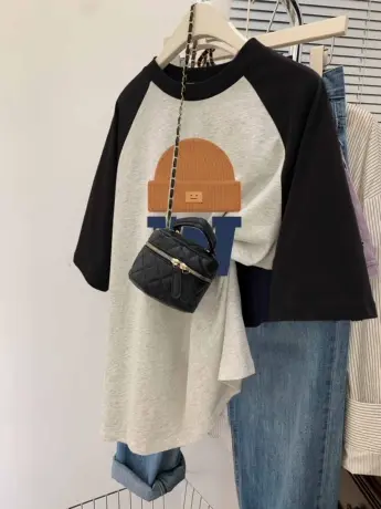 vintage纯棉古着t恤女大码美式复古上衣ins夏季插肩袖小个子短袖商品大图