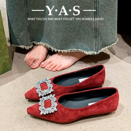 法式尖头气质低跟红色单鞋女鞋子2024新款春季复古水钻通勤瓢鞋潮商品大图