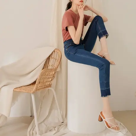 桔熊春季薄款牛仔裤子女蓝色4L弹力拼接裤脚毛边小脚裤大码BA6616图片