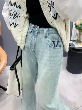 高腰垂感浅色阔腿牛仔裤女小个子2024早春新款宽松直筒显瘦拖地裤图片