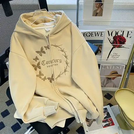 设计感连帽外套女秋冬季加绒加厚ins潮牌宽松慵懒风大码开衫卫衣图片