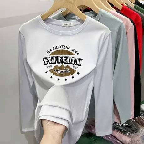 白色长袖t恤女春宽松显瘦纯棉小个子上衣2024新款爆款印花小衫秋商品大图