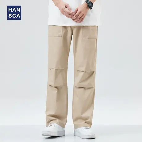 hansca夏季日系复古卡其色休闲裤男宽松大码直筒阔腿拼接工装长裤商品大图