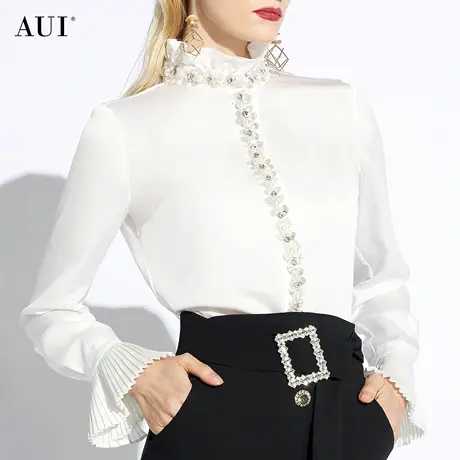 AUI白色设计感立领长袖衬衫女2024早春新款职业缎面衬衣小众上衣图片