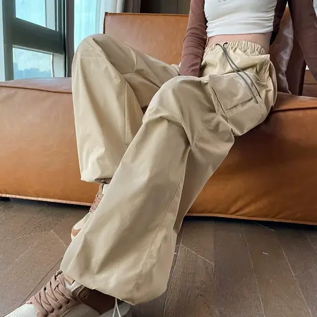 卡其色美式复古工装裤女春秋2024新款高腰宽松直筒休闲运动阔腿裤商品大图