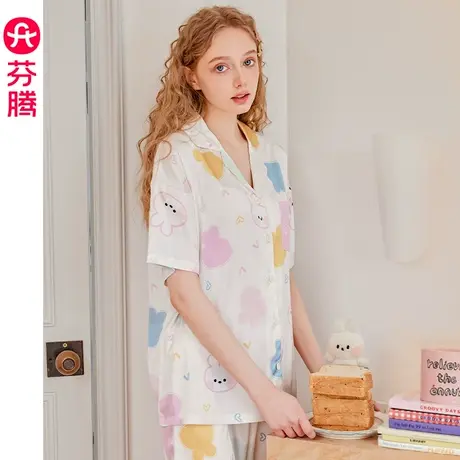 芬腾布朗熊睡衣女士夏季冰雪丝短袖套装卡通可爱少女仿真丝家居服商品大图