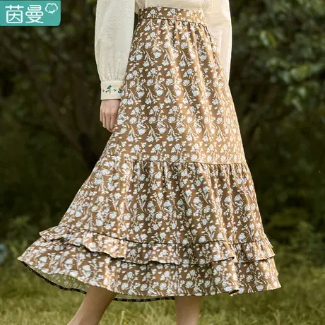 茵曼印花半身裙女百褶裙2024春季新款中长裙显瘦裙子法式碎花半裙图片