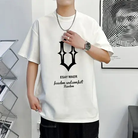 短袖t恤麂皮绒半袖大码美式复古重磅春夏季潮牌宽松休闲圆领T恤男商品大图