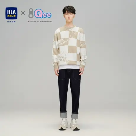 HLA/海澜之家2023Qee联名针织衫圆领套头水洗格子卡通图案毛衣男图片
