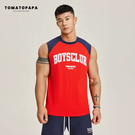 TOMATOPAPA原插肩背心男潮牌字母印花拼接色青年学生健身无袖上衣商品大图