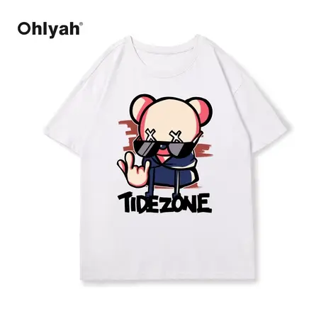 Ohlyah纯棉白色短袖t恤女2022年夏季学生宽松小熊印花嘻哈风上衣图片