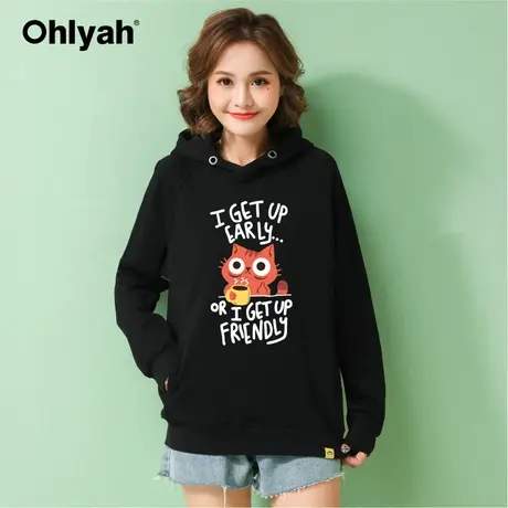 Ohlyah品牌 连帽衫卫衣宽松女大码运动休闲外套黑色纯棉上衣学生商品大图