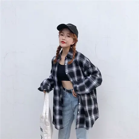 复古黑白格子衬衫女宽松港味2020春秋薄款长袖百搭中长款bf衬衣女图片