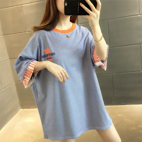 2023新款夏装韩版宽松大码中长款条纹t恤女短袖网红ins潮超火上衣图片