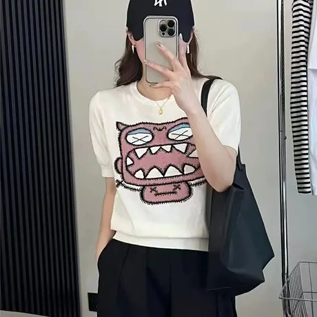 正肩短袖t恤女2023新款夏季美式复古修身小个子白色高腰上衣体恤商品大图