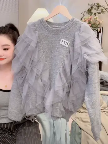 小众设计感灰色套头毛衣女2023秋装新款时尚网纱拼接针织衫上衣洋商品大图