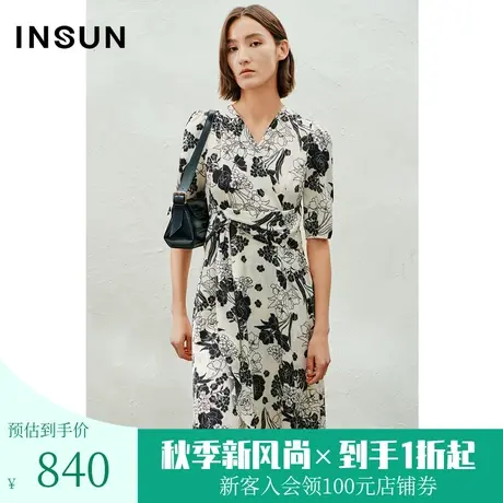 恩裳2023夏款新款时尚写意花前片开叉法式优雅茶歇连衣裙图片