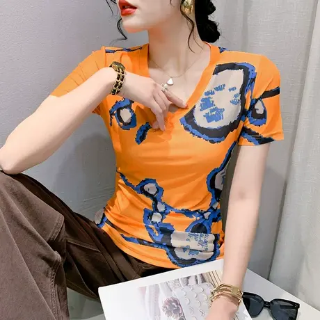 欧货网纱T恤女短袖性感V领气质小衫夏季洋气印花上衣显瘦百搭体恤商品大图
