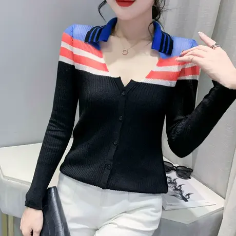 性感网纱拼接针织开衫女春装欧货V领紧身长袖上衣时尚内搭打底衫图片